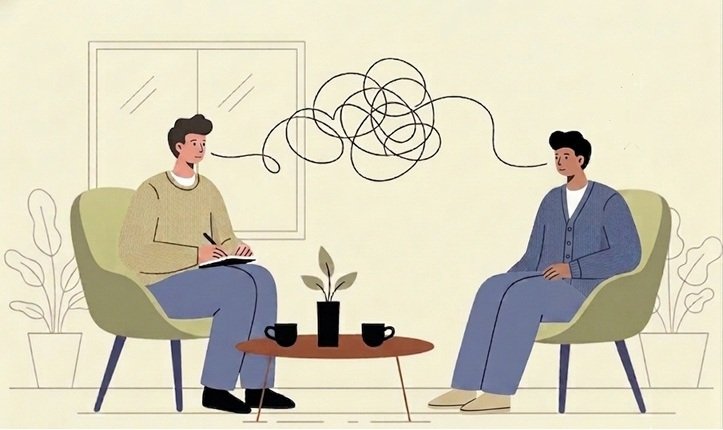 Illustration of a therapy session: a counsellor takes notes while a client's tangled thoughts unravel into a single calm line
